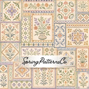 Könnte beinhalten: Ein dekoratives Tapeten- oder Stoffmuster mit einem Raster aus rechteckigen und quadratischen Kacheln mit Blumenmotiven, Urnen und geometrischen Designs in gedeckten Tönen von Orange, Grün, Blau und Violett. Der Text SpringPatternsCo ist zentriert.