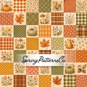 May include: A grid of square patterns featuring autumn-themed illustrations of pumpkins, mushrooms, acorns, leaves, flowers, and plaid designs in orange, green, and brown tones. The text SpringPatternsCo is centred across the middle of the image.