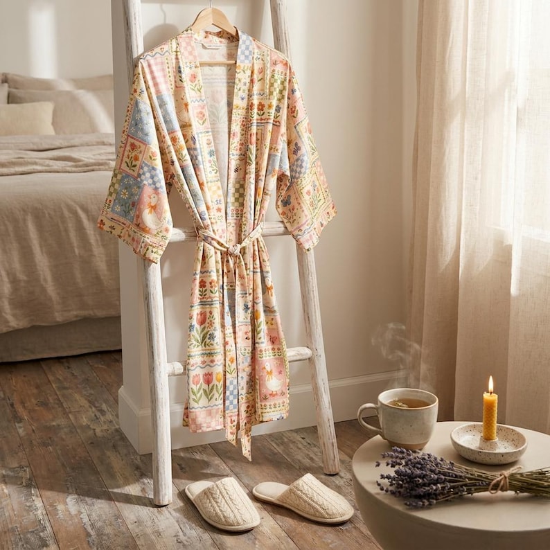 Puede incluir: Una bata con estampado floral cuelga de una escalera blanca, con zapatillas a juego debajo. La bata presenta un dise&ntilde;o de patchwork con colores pastel y motivos florales y de conejos. Una taza de t&eacute;, una vela y ramitas de lavanda est&aacute;n sobre una mesa auxiliar.