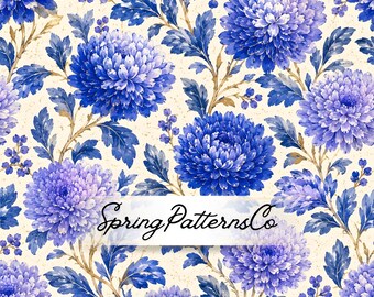 Blue Chrysanthemum Seamless Pattern, Floral Repeat Pattern, Botanical Fabric Design