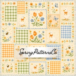 Op de afbeelding: Een patchwork quiltstof met een herhalend patroon van witte eenden met oranje strikken, oranje en groene ruitjes, gele en blauwe bloemen, vlinders en bijen. De tekst SpringPatternsCo staat in het midden in een zwart handschrift.