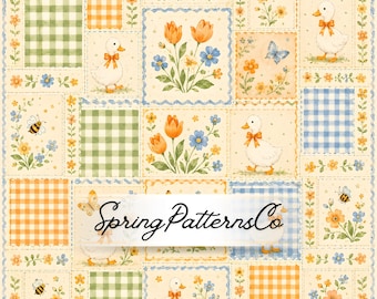 Duck Quilt Seamless Pattern, Nursery Repeat Pattern, Fabric Design, Digital Paper