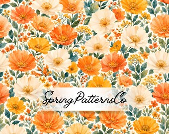 Orange Wildflower Seamless Pattern, Watercolor Floral Repeat Pattern, Fabric Design, Digital Paper