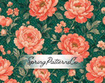 Coral Peony Seamless Pattern, Floral Repeat Pattern, Botanical Fabric Design