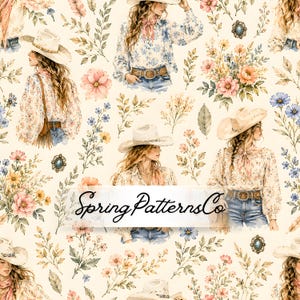 Può includere: Un motivo ripetitivo con illustrazioni di persone che indossano cappelli da cowboy, camicette floreali e jeans, intervallate da fiori e fogliame ad acquerello. Il testo SpringPatternsCo è centrato al centro dell'immagine.