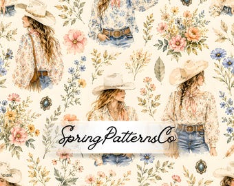 Western Cowgirl Seamless Pattern, Floral Repeat Pattern, Fabric Design, Digital Paper
