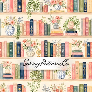 May include: A repeating pattern featuring rows of bookshelves filled with colorful books, potted plants, and floral arrangements in vases. The design includes various shades of pink, blue, green, and yellow, with the text SpringPatternsCo centered.
