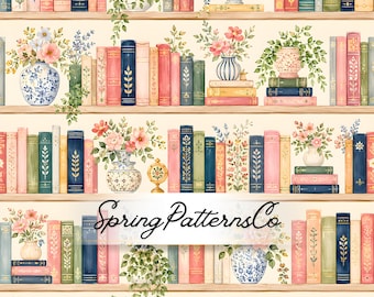 Floral Bookshelf Seamless Pattern, Vintage Library Repeat Pattern, Fabric Design, Digital Paper