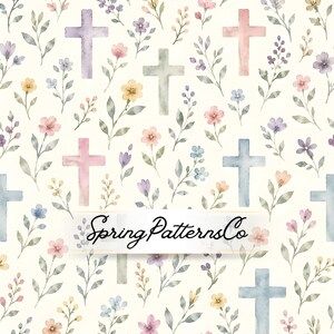 May include: Watercolor pattern featuring pastel crosses and floral elements in shades of pink, blue, yellow, and purple. The design includes delicate leaves and flowers on a cream background. The text "Spring Patterns Co" is displayed.