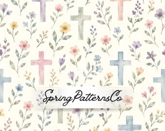 Christian Cross Seamless Pattern, Floral Repeat Pattern, Watercolor Fabric Design