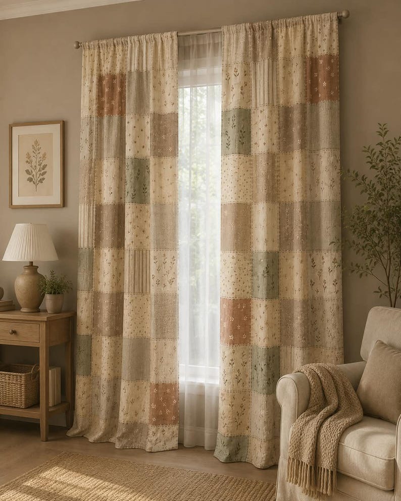 May include: A pair of floor-length curtains featuring a patchwork design with alternating squares in muted tones of beige, sage green, and dusty rose. The fabric displays various patterns including small floral prints, vertical stripes, and solid textures.