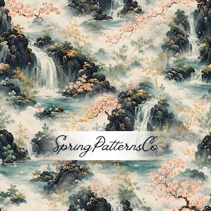 Puede incluir: Un patrón repetitivo que muestra un paisaje con cascadas, acantilados rocosos oscuros y ramas de cerezo en flor de color rosa. La escena incluye bambú verde y niebla, con el texto SpringPatternsCo centrado en letra cursiva negra.