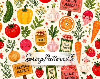 Farmers Market Seamless Pattern, Vegetable Repeat Pattern, Fabric Design, Digital Paper