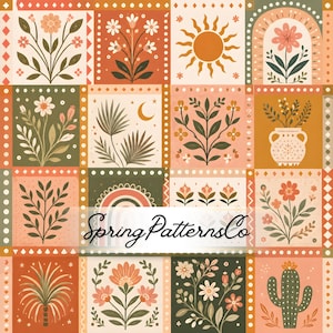 Peut inclure: Un motif en grille présentant diverses illustrations botaniques et célestes dans des tons orange, vert et crème. Le design comprend des fleurs, un soleil, une lune, un cactus et un vase. Le texte SpringPatternsCo est superposé en écriture noire.