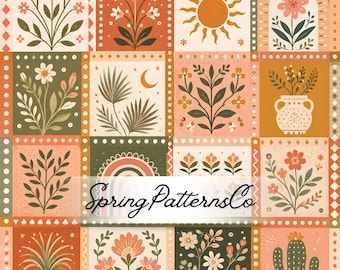 Naadloos Boho Folk Art-patroon, digitaal papier met botanische tegels, woestijnbloemenpatroon voor stof, herhalend patroon