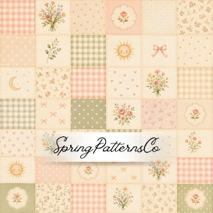 Könnte beinhalten: Ein digitales Patchwork-Design mit einem Raster aus Quadraten, das verschiedene Illustrationen wie Blumensträuße, rosa Schleifen, eine lächelnde Sonne, eine Mondsichel, Vichy-Muster, Punkte und Rosen zeigt. Der Text SpringPatternsCo ist zentriert.