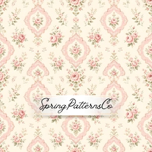 Peut inclure: Un motif floral continu avec des roses roses et des bouquets sur un fond crème. Le motif comprend des cadres roses décoratifs. Le texte "Spring PatternsCo" est affiché sur l'image.