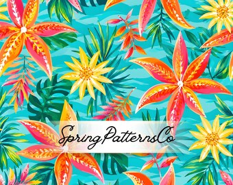 Tropical Floral Seamless Pattern, Exotic Flower Repeat Pattern, Fabric Design, Digital Paper