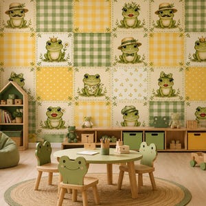 May include: Wallpaper featuring a repeating grid pattern of green and yellow squares, alternating between gingham, polka dot, and solid cream backgrounds, each decorated with illustrations of green frogs wearing various hats and accessories.
