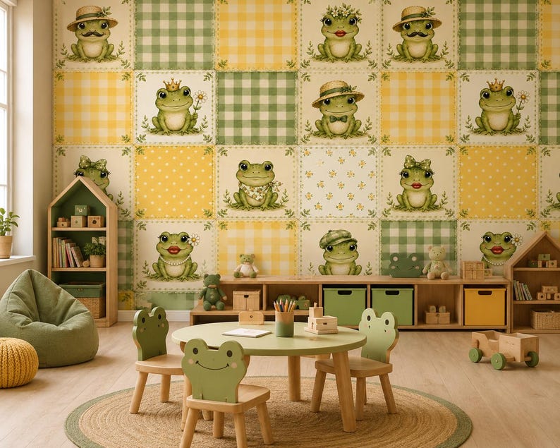 May include: Wallpaper featuring a repeating grid pattern of green and yellow squares, alternating between gingham, polka dot, and solid cream backgrounds, each decorated with illustrations of green frogs wearing various hats and accessories.