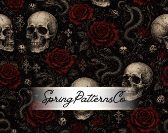 Skull Rose Seamless Pattern, Gothic Snake Repeat Pattern, Dark Fabric Design, Halloween Digital Paper