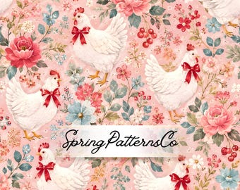 Chicken Floral Seamless Pattern, Farmhouse Repeat Pattern, Cottagecore Fabric Design