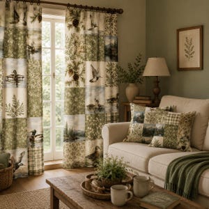 May include: A pair of floor-length curtains featuring a patchwork design with alternating squares of green floral patterns, pine cones, and illustrations of ducks on water. The fabric panels hang from a dark wooden rod in front of a window.