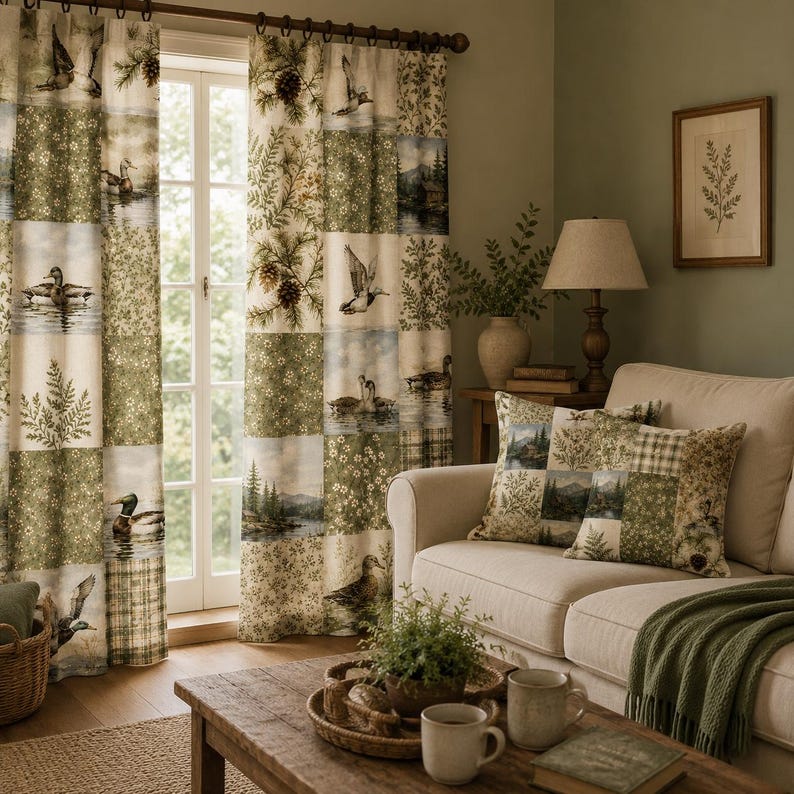 May include: A pair of floor-length curtains featuring a patchwork design with alternating squares of green floral patterns, pine cones, and illustrations of ducks on water. The fabric panels hang from a dark wooden rod in front of a window.