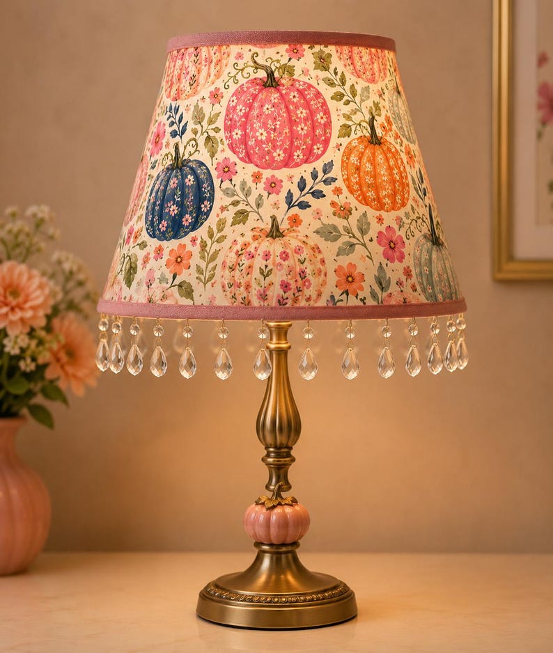 May include: A table lamp with a brass-toned metal base featuring a small pink pumpkin accent. The conical lampshade displays a pattern of colorful pumpkins and flowers, finished with a pink fabric trim and hanging clear crystal-like teardrop beads.