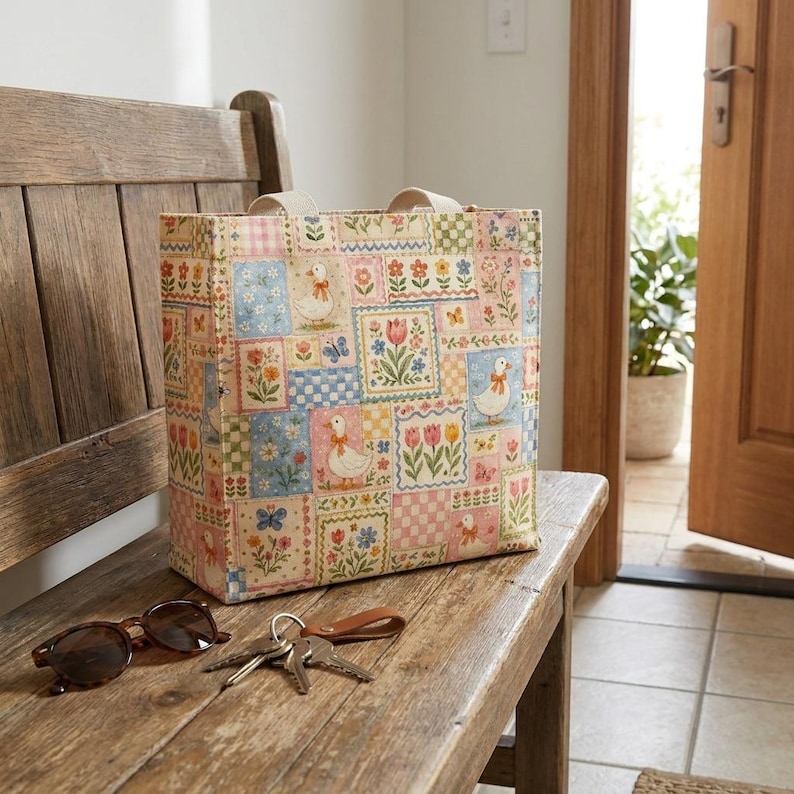 Puede incluir: Un bolso tote beige con un dise&ntilde;o de patchwork con patos, flores y mariposas. El bolso tiene asas color crema y est&aacute; sobre un banco de madera junto a gafas de sol y llaves.