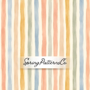 Może przedstawiać: Wzór pionowych pasków w stylu akwareli w pastelowych odcieniach brzoskwini, niebieskiego, zielonego i żółtego na kremowym tle. Tekst "Spring Patterns Co" jest wyświetlany na poziomym banerze.