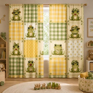 May include: A pair of curtains featuring a patchwork design of green and yellow gingham, polka dots, and floral patterns. Each square displays a cartoon frog wearing various accessories like hats, crowns, bows, and scarves on a cream background.