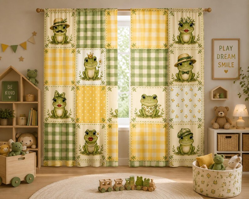 May include: A pair of curtains featuring a patchwork design of green and yellow gingham, polka dots, and floral patterns. Each square displays a cartoon frog wearing various accessories like hats, crowns, bows, and scarves on a cream background.