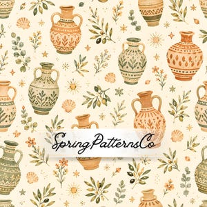 May include: A repeating pattern on a cream background featuring watercolor illustrations of terracotta and sage green amphora vases, olive branches, small seashells, and sunburst icons. The text SpringPatternsCo is centered.