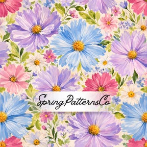 Può includere: Un motivo floreale continuo con grandi fiori di cosmo blu, viola e rosa con centri gialli, intervallati da piccole margherite bianche e fogliame verde su sfondo crema, con il testo SpringPatternsCo posizionato al centro.