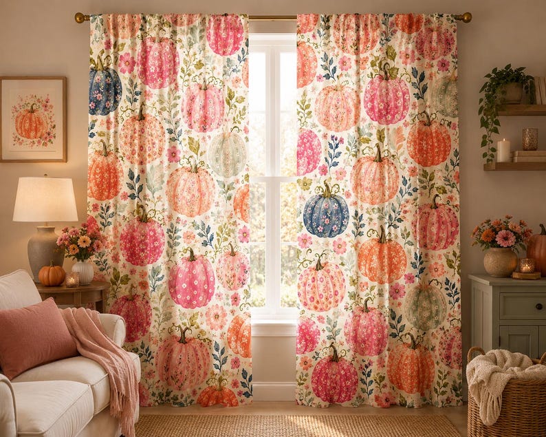 May include: A pair of floor-length window curtains featuring an all-over print of pumpkins in shades of pink, orange, and blue, interspersed with small floral motifs and green foliage on a cream-colored background, hanging from a metal rod.