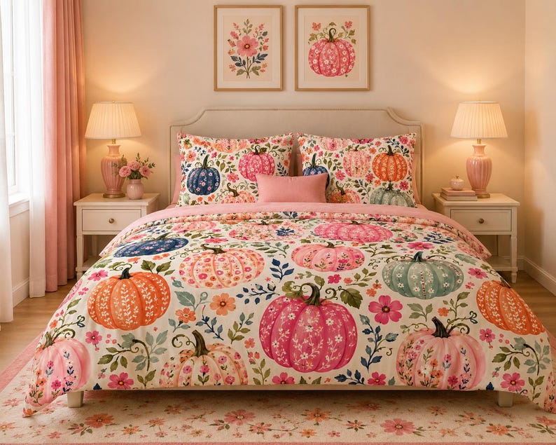 May include: A bedding set featuring a cream-colored base with a repeating pattern of pumpkins in shades of orange, pink, blue, and green, interspersed with small floral motifs and green leaves. The set includes a comforter and two matching pillow shams.