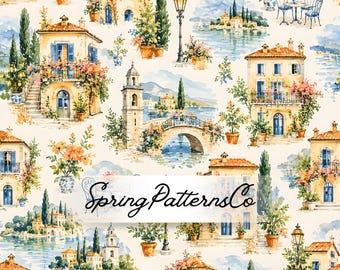 Mediterranean Coastal Village Seamless Pattern, Italian Town Repeat Pattern, Fabric Design