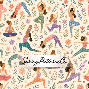 Puede incluir: Patrón repetitivo con ilustraciones de mujeres en varias posturas de yoga. Las mujeres visten ropa deportiva colorida, rodeadas de motivos florales y de hojas. El texto "Spring Patterns Co" se muestra en la imagen.