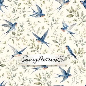 Może przedstawiać: Wzór akwarelowy przedstawiający niebieskie jaskółki i zielone liście na kremowym tle. Projekt zawiera tekst "Spring Patterns Co" na banerze. Ptaki są przedstawione w różnych pozach.
