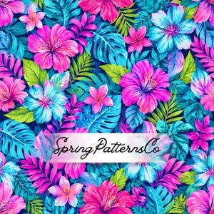 Könnte beinhalten: Ein lebhaftes tropisches Blumenmuster mit großen rosa und blauen Hibiskusblüten, kleineren rosa Blüten sowie üppigen grünen und türkisfarbenen Monstera-Blättern auf dunklem Grund, mit dem Text SpringPatternsCo in Weiß.