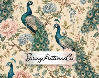 Peacock Floral Seamless Pattern, Chinoiserie Repeat Pattern, Vintage Fabric Design