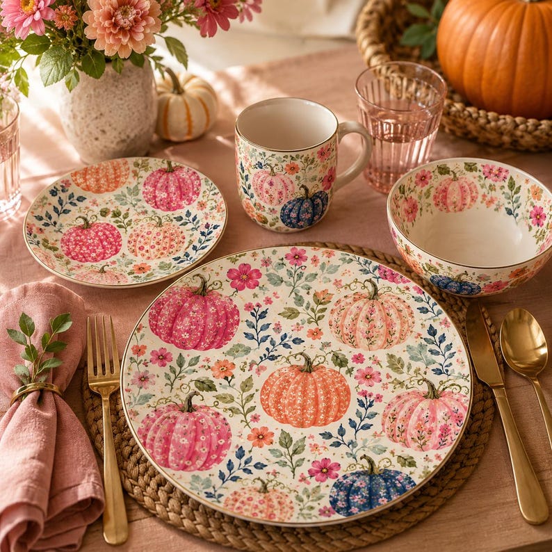 May include: A ceramic dinnerware set featuring a pattern of colorful pumpkins and small flowers on a cream background. The set includes a large dinner plate, a smaller plate, a bowl, and a mug, all decorated with matching floral pumpkin motifs.