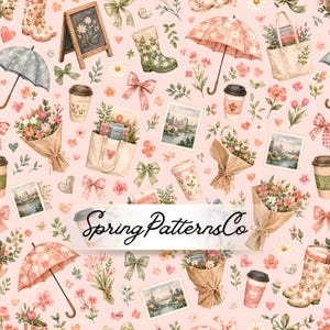 Patrón sin costuras de mercado de primavera, patrón repetitivo de estilo de vida floral, diseño de tela, papel digital