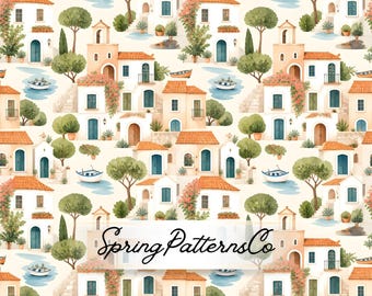 Diseño sin costuras de pueblo mediterráneo, diseño repetitivo de ciudad costera, diseño de tela paisajística