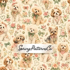 May include: A repeating pattern featuring various breeds of dogs adorned with floral accents, bows, and heart-shaped details. The dogs are set against a cream background with roses and the text "Spring Patterns Co."