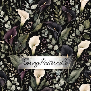 Kalla Lily Seamless Mönster, Mörkt Blommigt Upprepningsmönster, Botanisk Tygdesign, Digitalt Papper