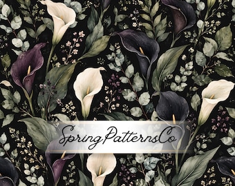Calla Lily Seamless Pattern, Dark Floral Repeat Pattern, Botanical Fabric Design, Digital Paper
