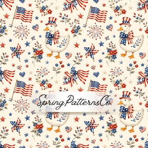 May include: A repeating pattern on a cream background featuring white ducks wearing patriotic top hats and bows, American flags, pinwheels, fireworks, stars, hearts, and floral sprigs. The text SpringPatternsCo is centred across the image.