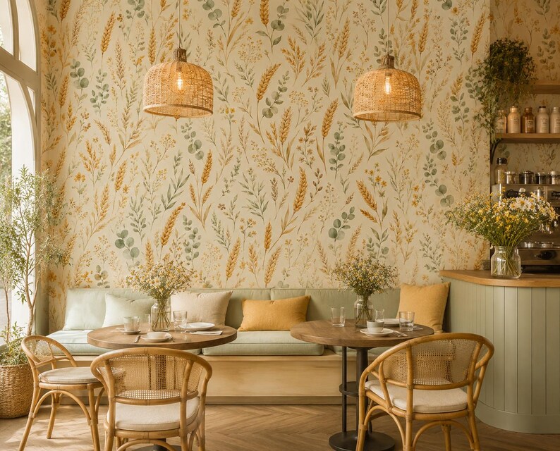 K&ouml;nnte beinhalten: Ein Caf&eacute;-Innenraum mit einer Tapete mit botanischem Muster aus Weizenhalmen und gr&uuml;nen Bl&auml;ttern. Zwei runde Holztische sind mit Rattanst&uuml;hlen und einer langen hellgr&uuml;nen Sitzbank mit gelben und wei&szlig;en Kissen unter Korblampen kombiniert.
